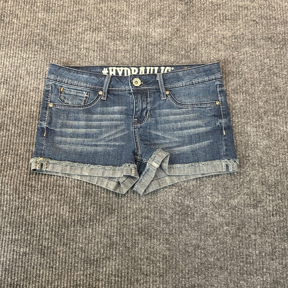 Hydraulic Embroidered Back Pocket Denim Shorts 7/8 Blue Raw Hem Cotton Blend